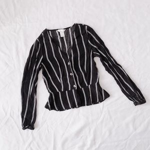 H&M black and white striped peplum long sleeve blouse